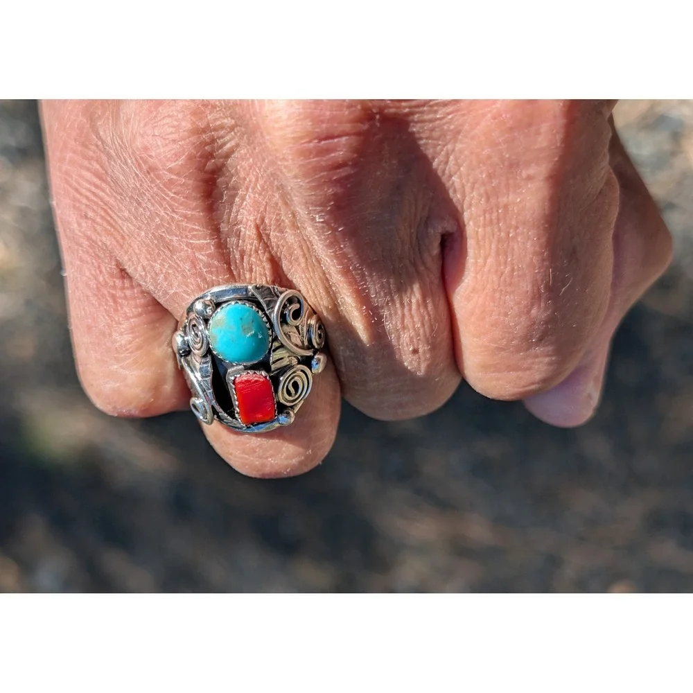 Navajo Men's Ring Sterling Turquoise Coral by Lorena Brown‎ 10.5 Southwest **